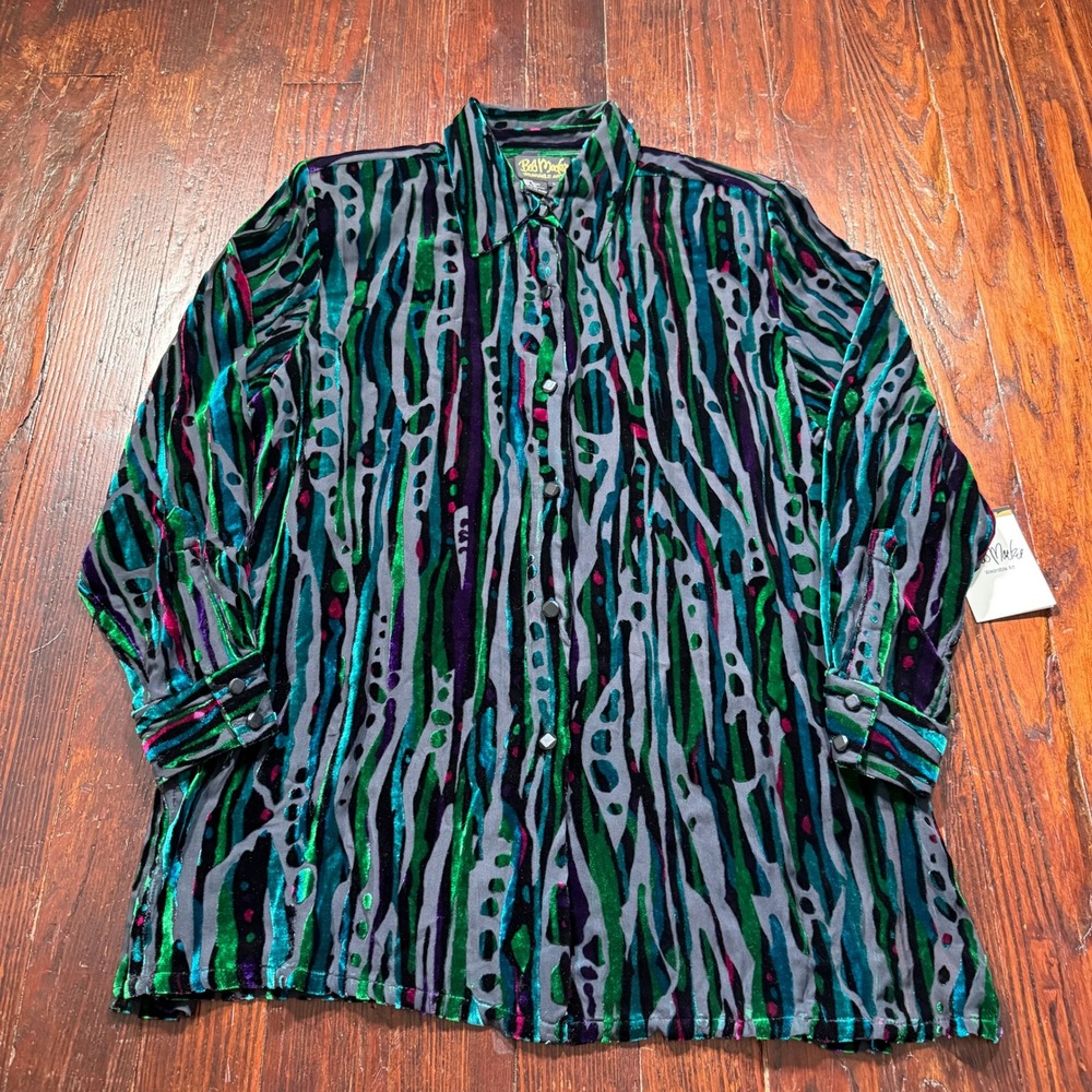 Bob Mackie Wearable Art Shirt Womens Large Multi Color Velvet Burnout Silk